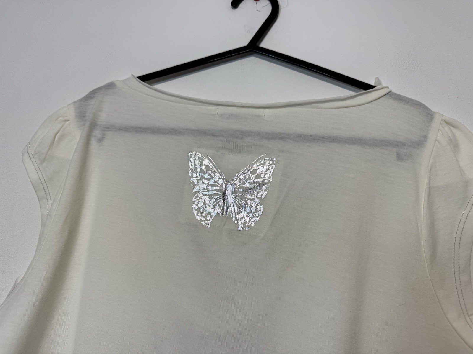 Cream & Silver Butterfly Front & Rear Graphic Short Sleeve Top 18