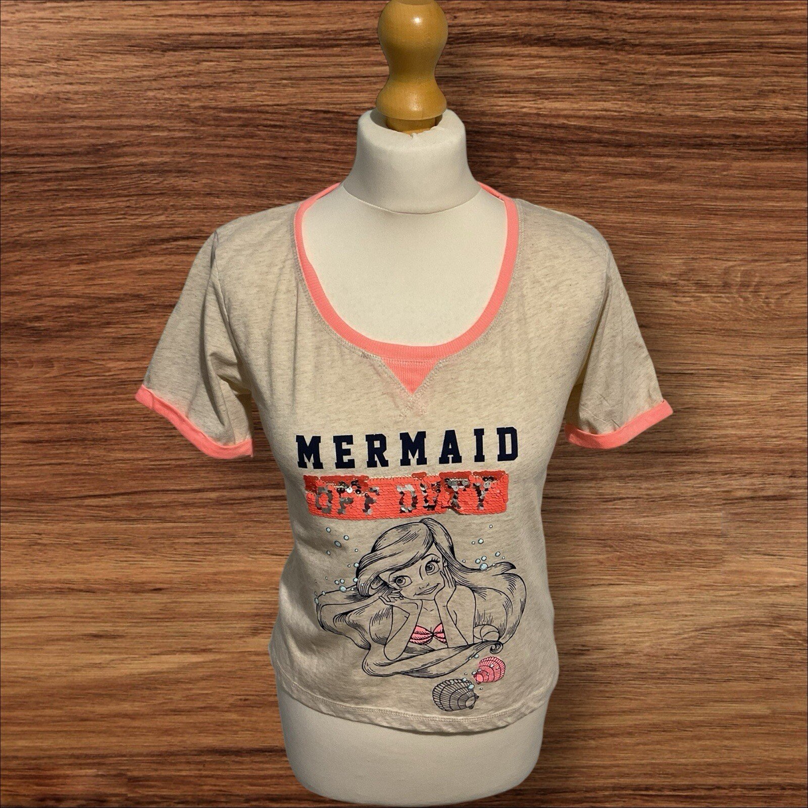 Disney Mermaid Oatmeal T-shirt Short Sleeve Round Pink Neck Front Motif S 10-12