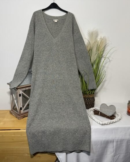 H&M Heather Grey Pure Wool V-Neck Long Jumper Dress Size S