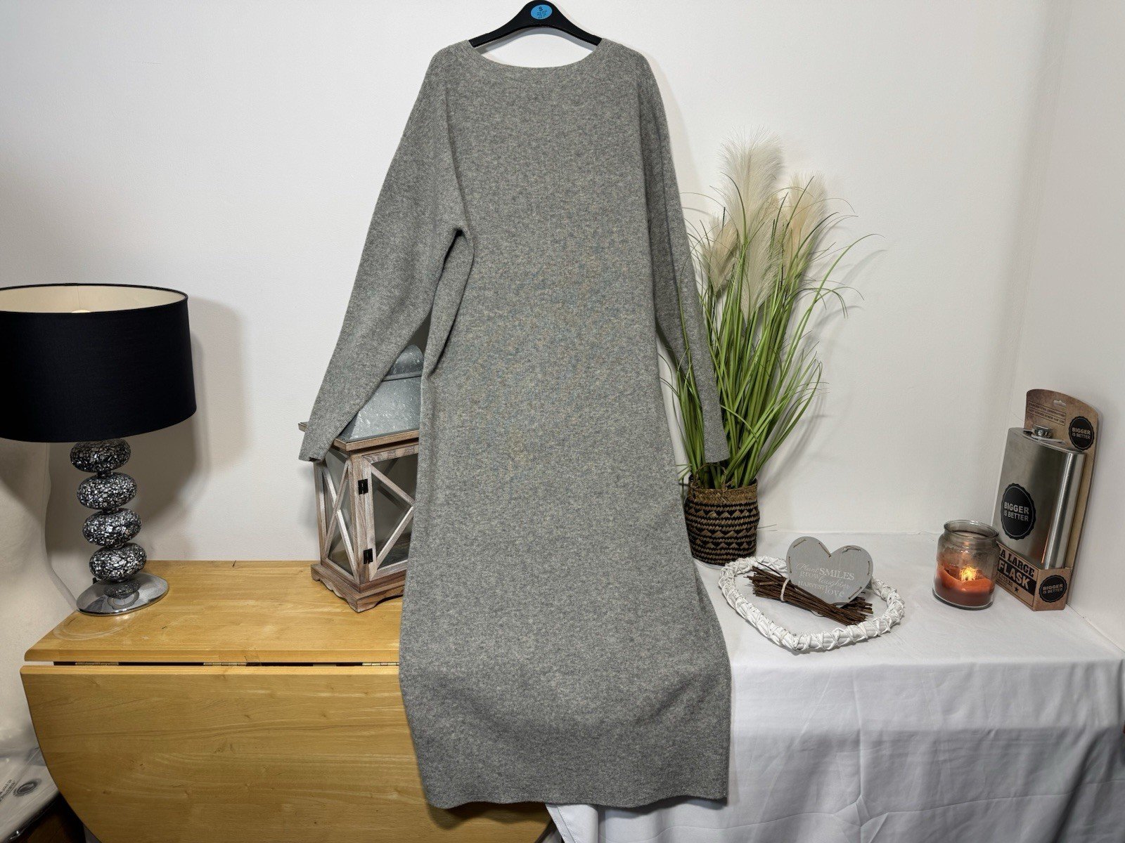 H&M Heather Grey Pure Wool V-Neck Long Jumper Dress Size S