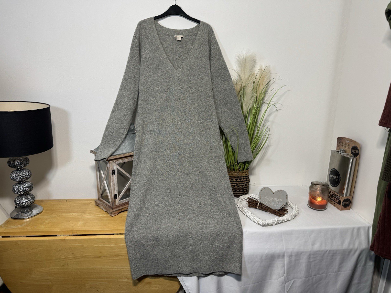 H&M Heather Grey Pure Wool V-Neck Long Jumper Dress Size S