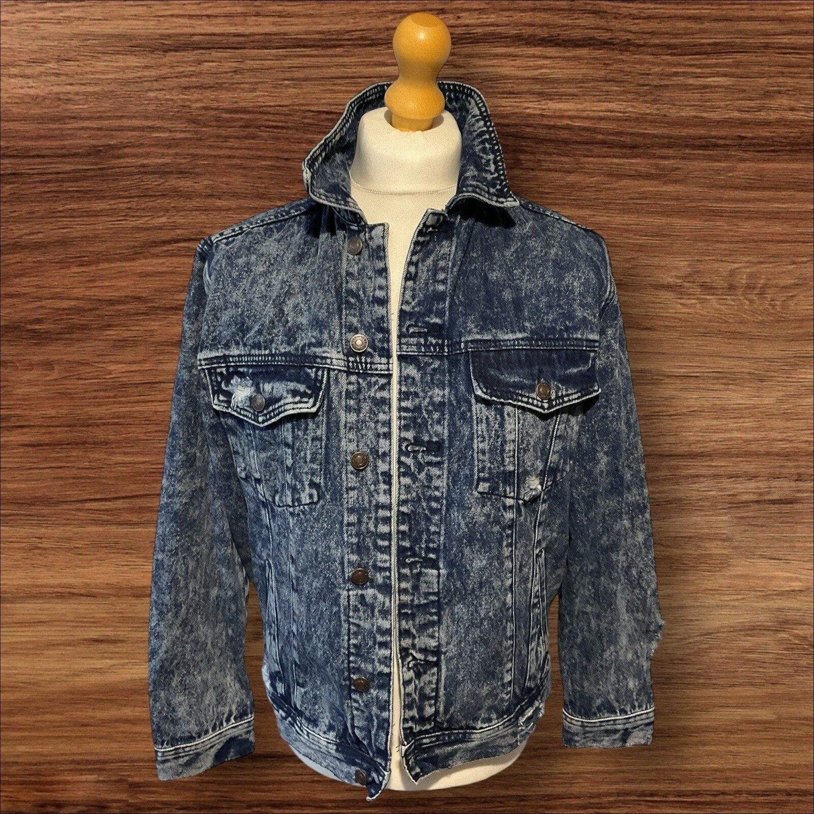 Illusive London Distressed Ripped Dark Blue Denim Jacket Size S
