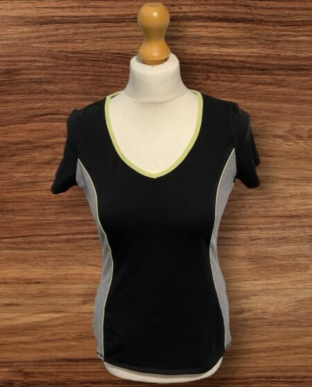 M&S Fitness Top Black Grey Side Panels Lime Green Piping V Neck pit-pit 18in