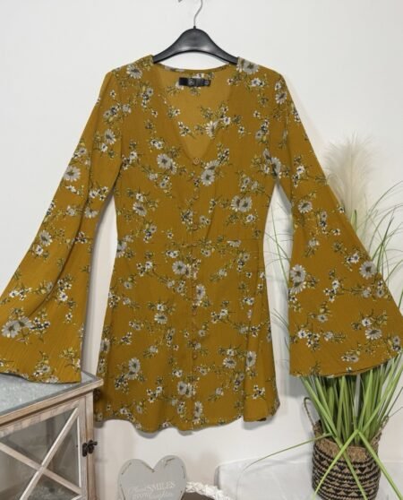 Misguided Mustard Textured First Floral A-Line Dress With Bell Sleeve Size 8