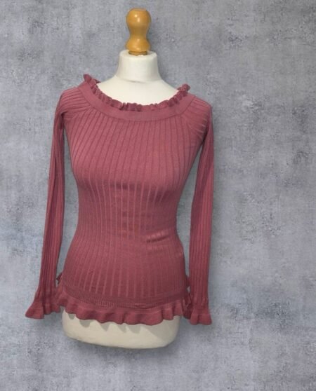 Miss Selfridge Rose Pink Cold Shoulder Ribbed Jumper Frill Neck/cuff Detail 8