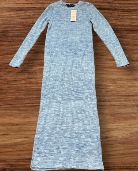 NEWShades Of Blue Ribbed Long Bodycon Dress With Long Sleeves Round Neck Size XS