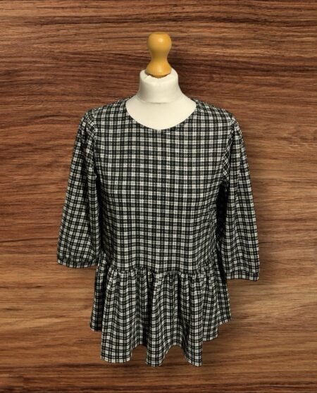New Look Black White Check Top Scoop Neck 3 Qtr Sleeve Frill Bottom Size 10