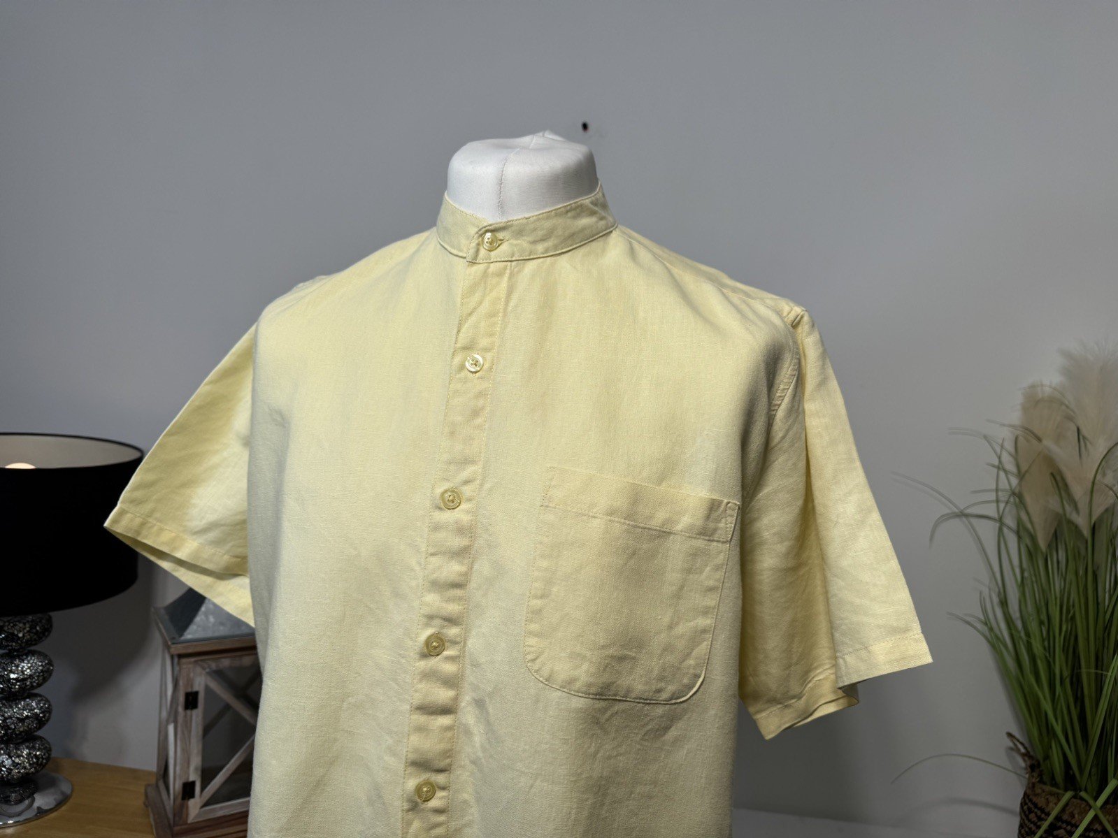Pale Lemon Linen Blend Stand Up Collar Short Sleeve Shirt Size M