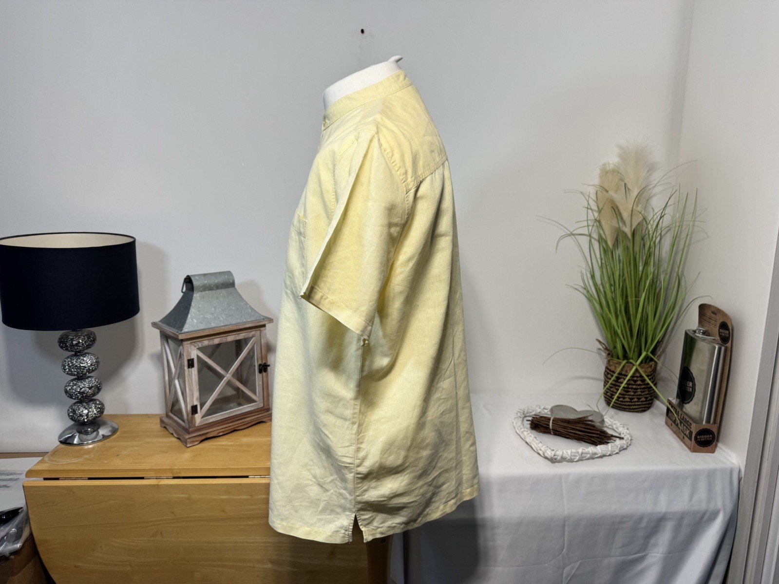 Pale Lemon Linen Blend Stand Up Collar Short Sleeve Shirt Size M