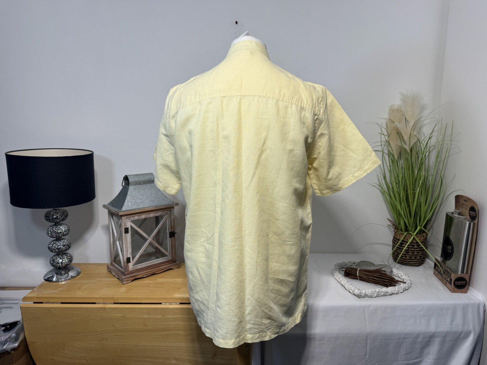 Pale Lemon Linen Blend Stand Up Collar Short Sleeve Shirt Size M