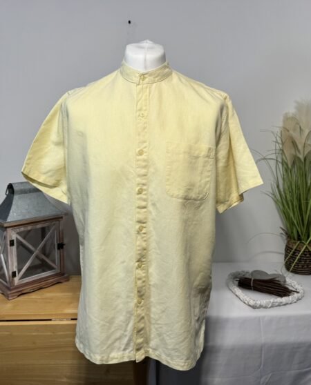 Pale Lemon Linen Blend Stand Up Collar Short Sleeve Shirt Size M