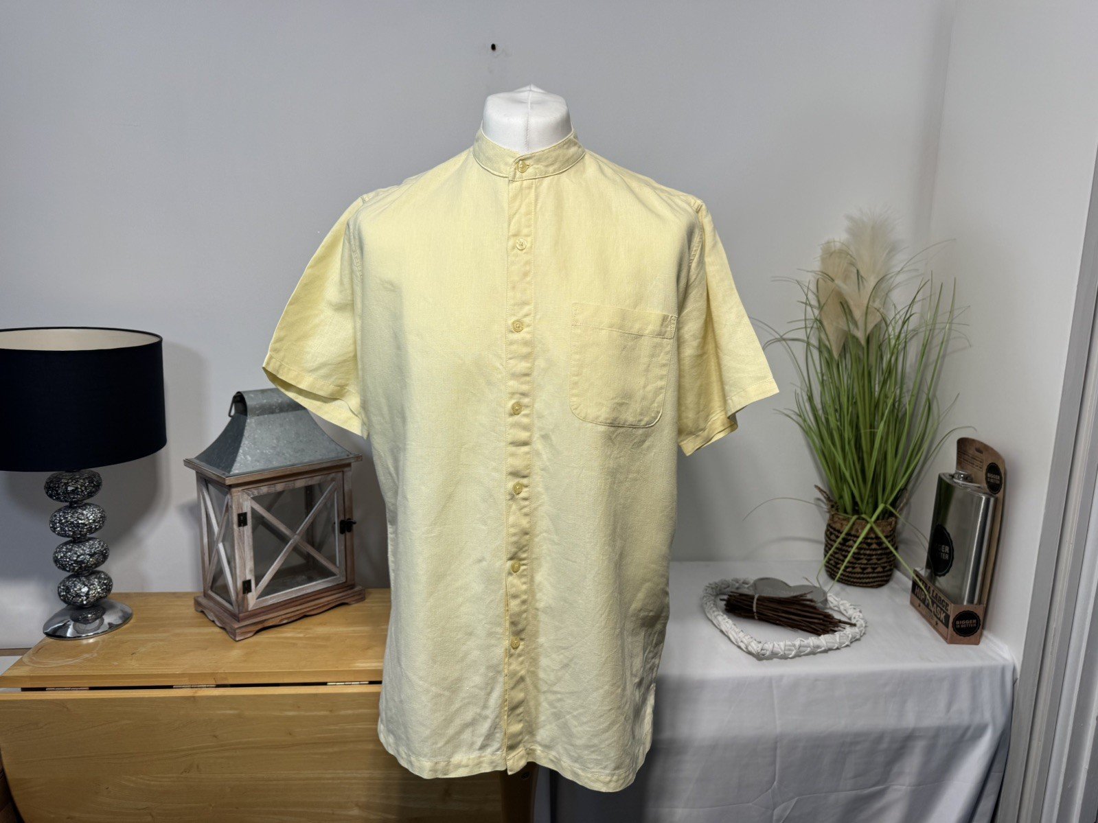 Pale Lemon Linen Blend Stand Up Collar Short Sleeve Shirt Size M