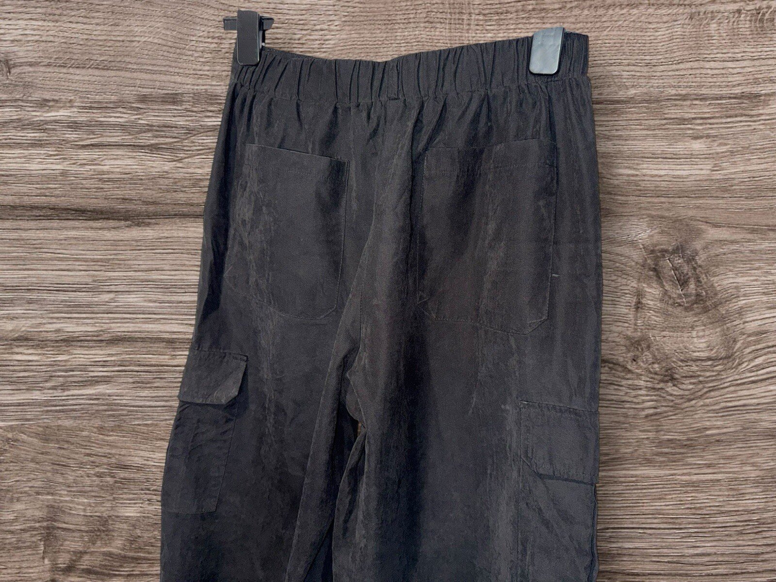 Quiz Black Peach Skin Straight Leg Cargo Trousers Elasticated BackWaist Size 10