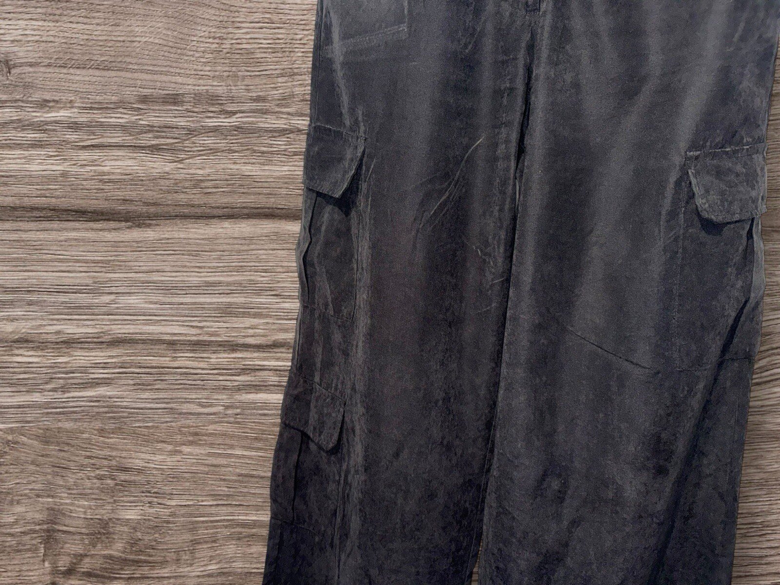 Quiz Black Peach Skin Straight Leg Cargo Trousers Elasticated BackWaist Size 10