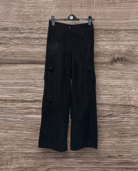 Quiz Black Peach Skin Straight Leg Cargo Trousers Elasticated BackWaist Size 10