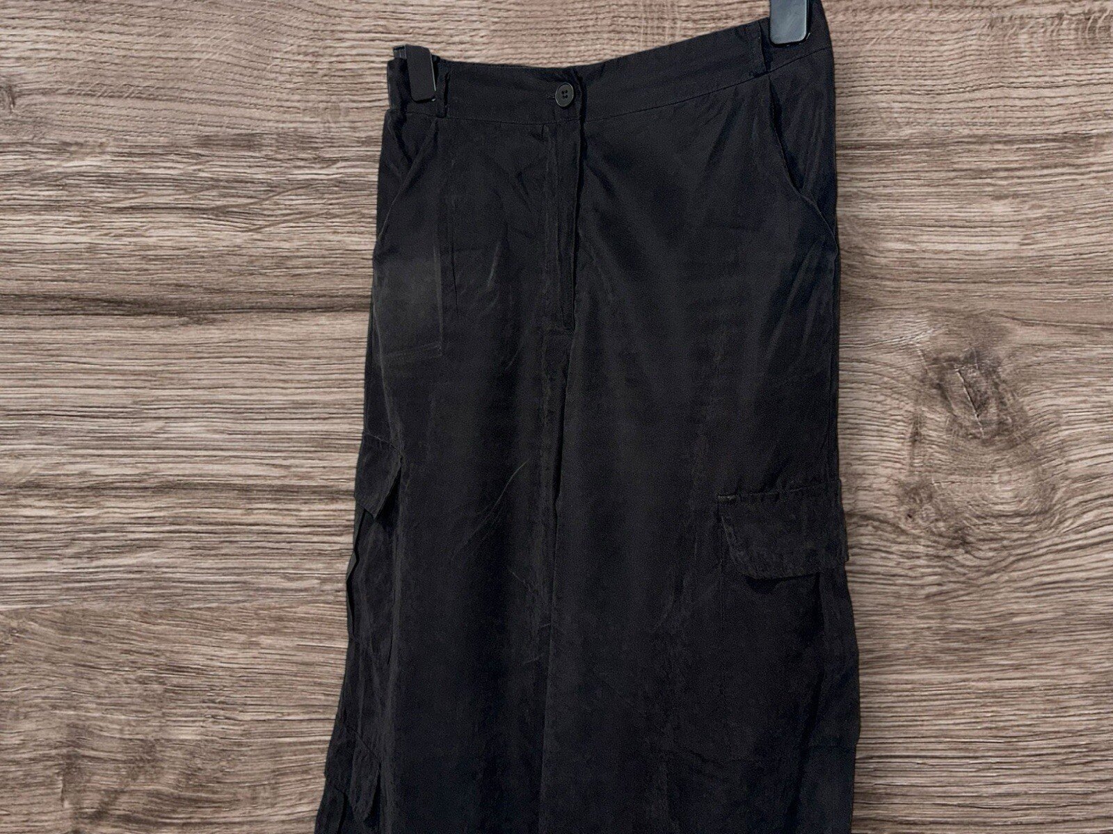 Quiz Black Peach Skin Straight Leg Cargo Trousers Elasticated BackWaist Size 10