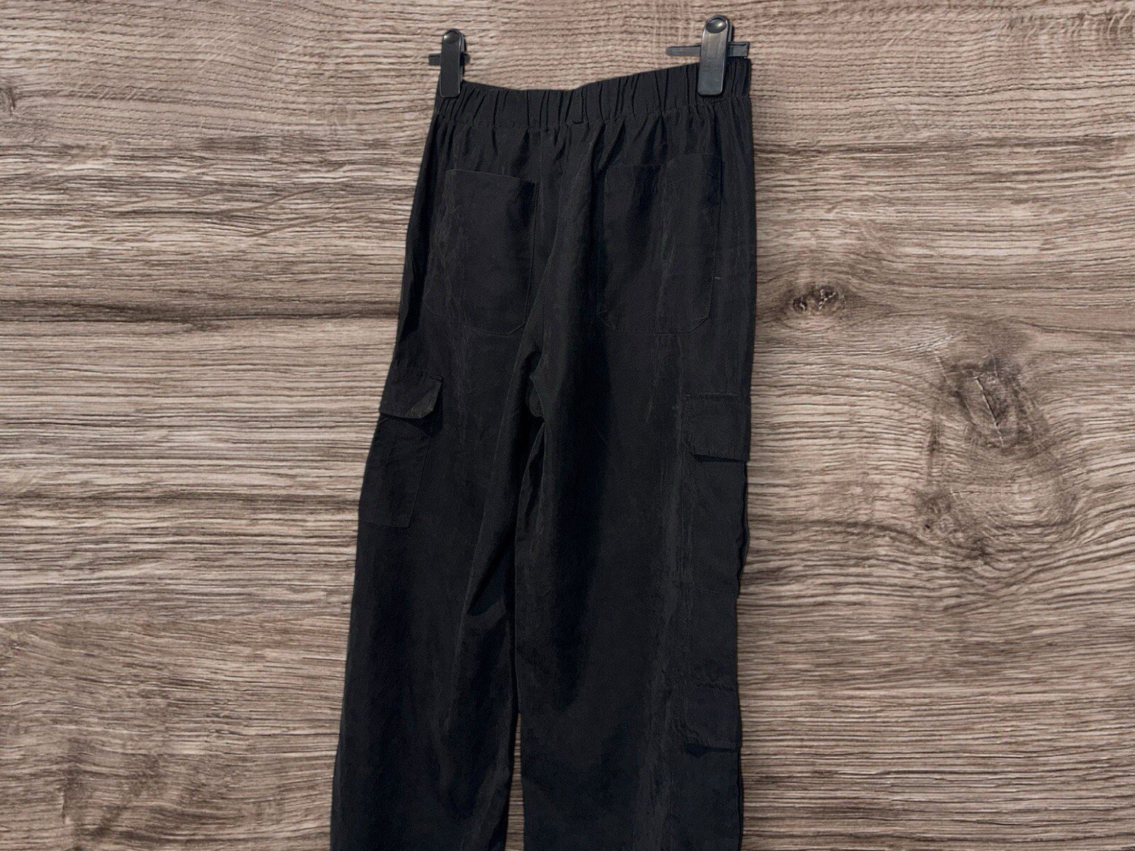 Quiz Black Peach Skin Straight Leg Cargo Trousers Elasticated BackWaist Size 10