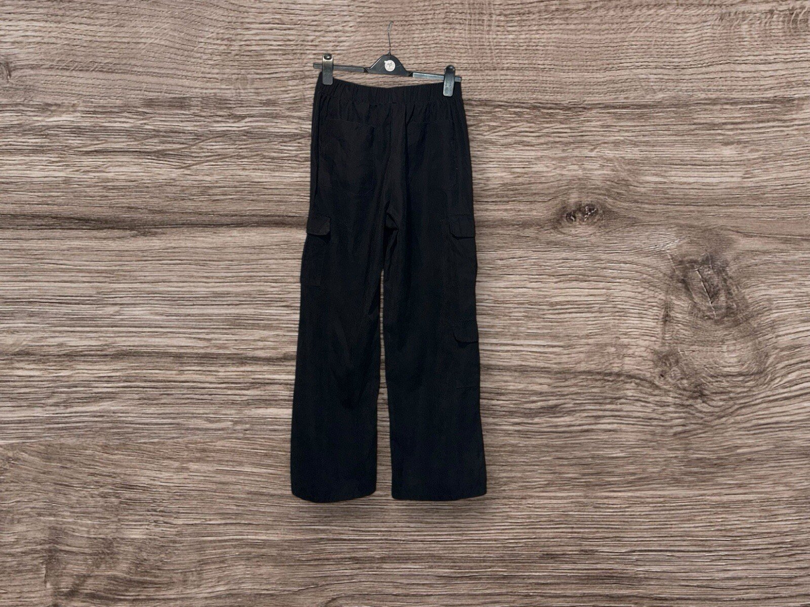 Quiz Black Peach Skin Straight Leg Cargo Trousers Elasticated BackWaist Size 10