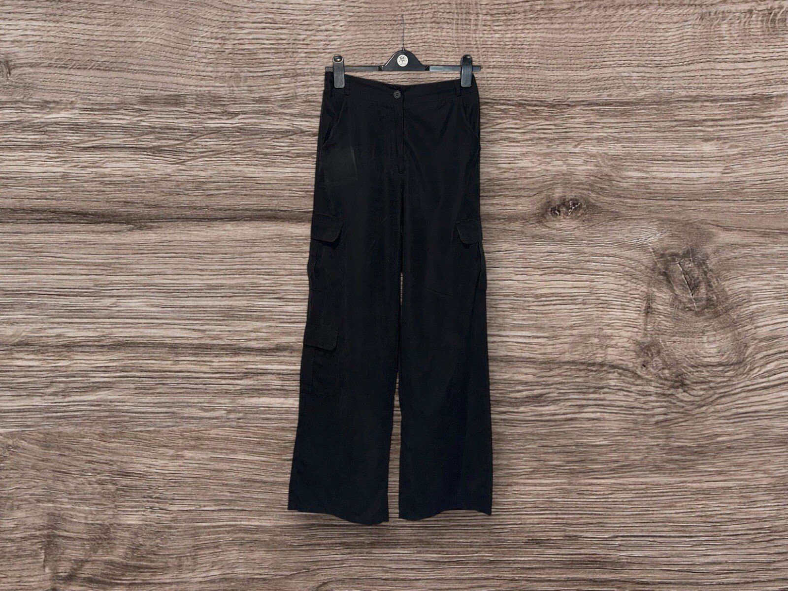 Quiz Black Peach Skin Straight Leg Cargo Trousers Elasticated BackWaist Size 10