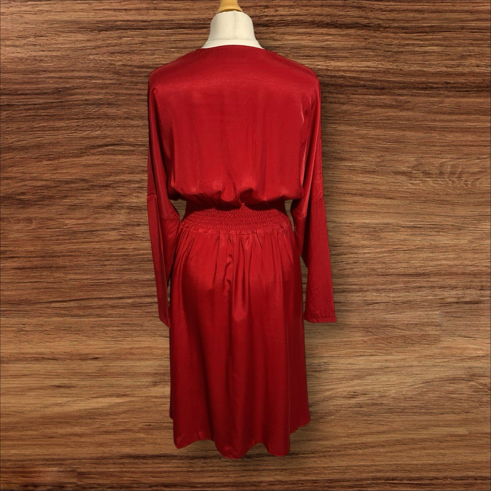 Red Shiny Effect Dress Wrap Style Fit Bodice Elastic Back Flare Skirt M