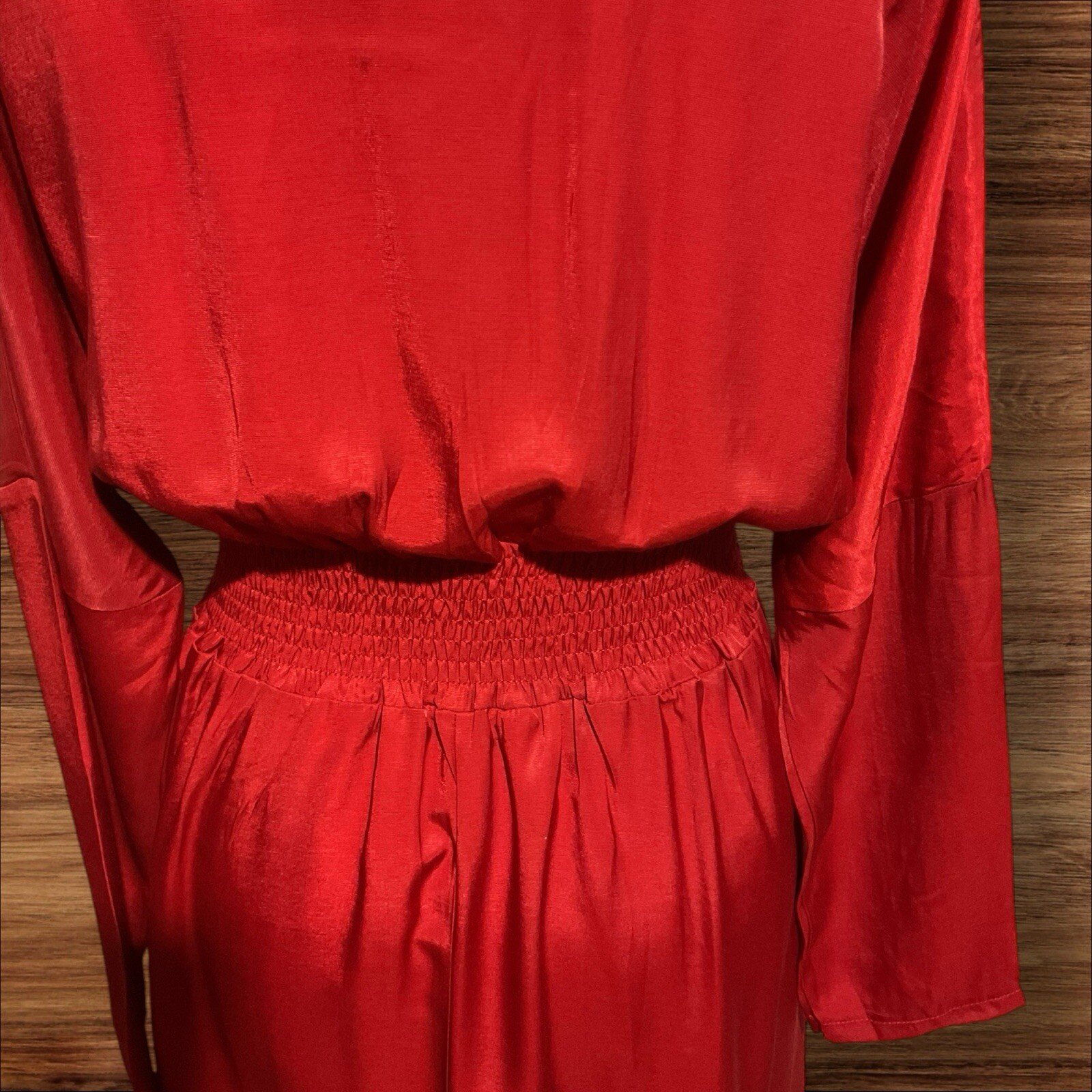 Red Shiny Effect Dress Wrap Style Fit Bodice Elastic Back Flare Skirt M