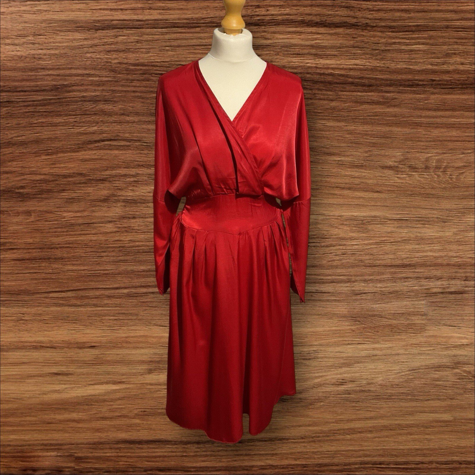 Red Shiny Effect Dress Wrap Style Fit Bodice Elastic Back Flare Skirt M