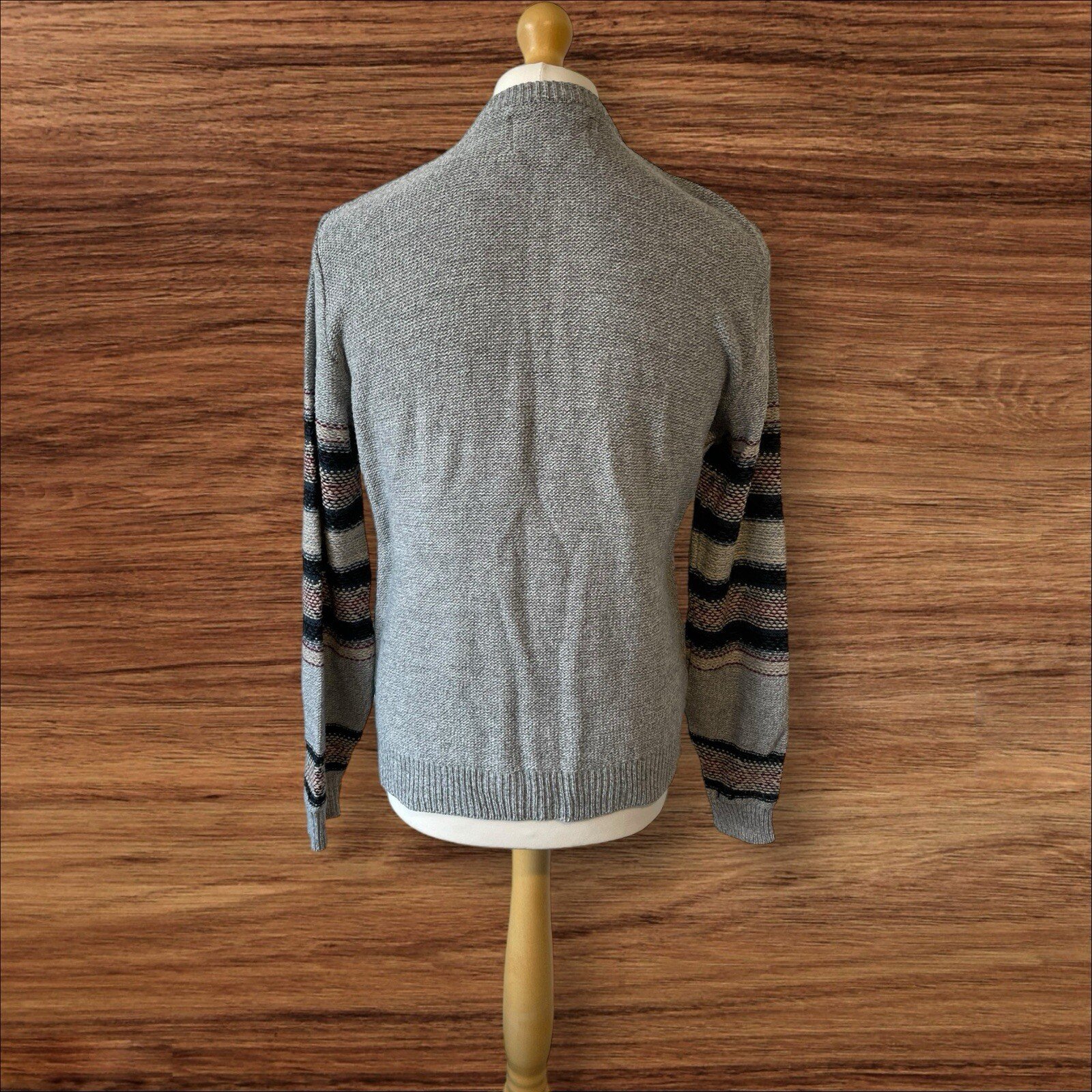 River Island Grey Cable Knit Jumper With Pattern Arms Crew Neck Size M