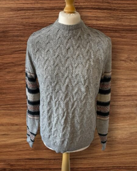 River Island Grey Cable Knit Jumper With Pattern Arms Crew Neck Size M