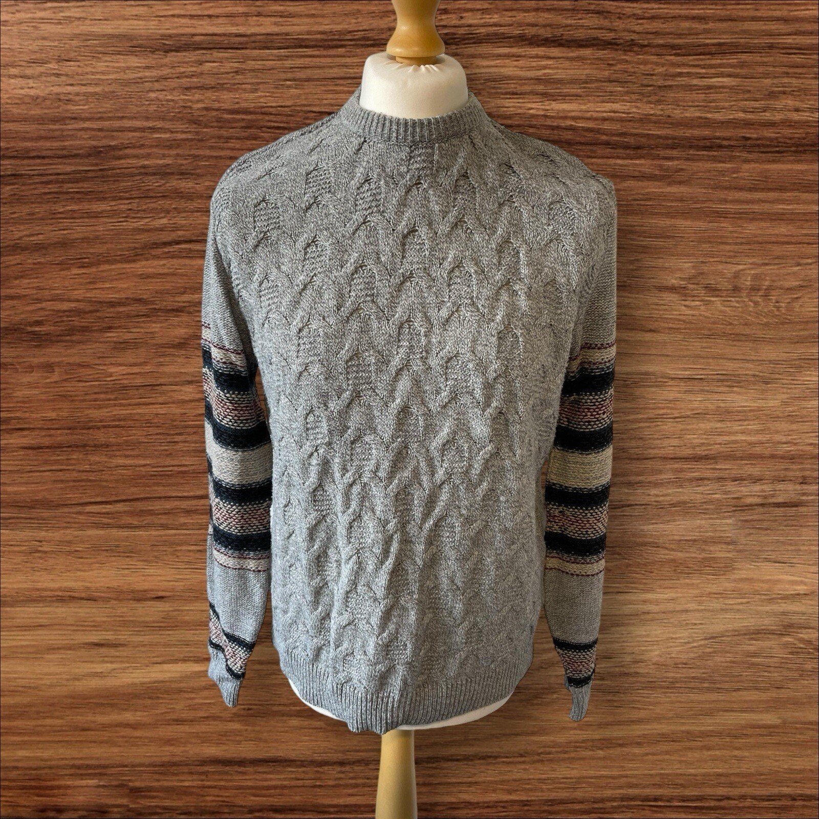 River Island Grey Cable Knit Jumper With Pattern Arms Crew Neck Size M