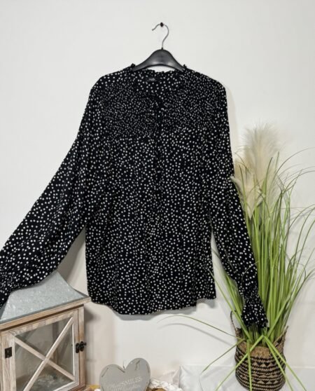 Wallis Black Polka Dot Shirring Yolk & Cuff Tie Ruffle Collar  Blouse Size 10