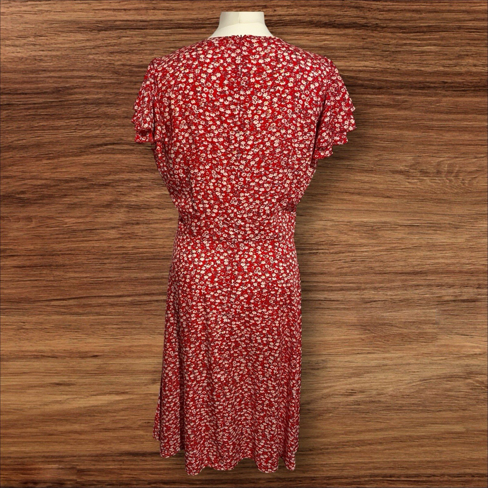 Womens Red Maxi Dress Flower Pattern.Cross Over Front Flare Short Sleeve Size L
