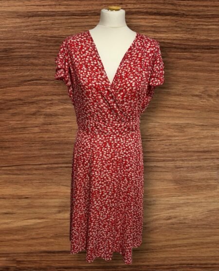 Womens Red Maxi Dress Flower Pattern.Cross Over Front Flare Short Sleeve Size L