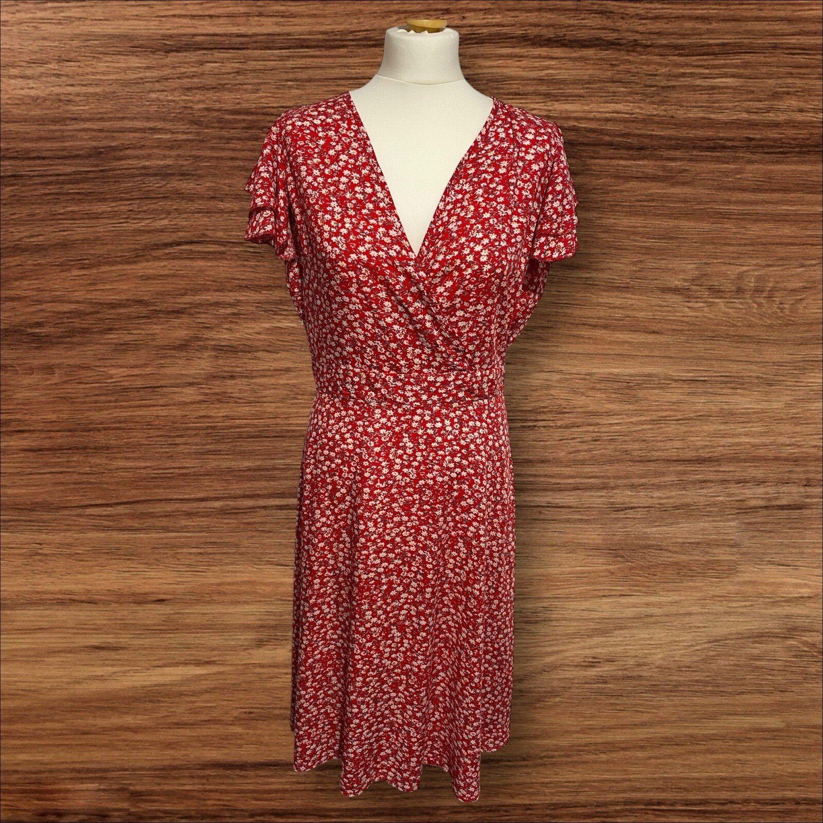 Womens Red Maxi Dress Flower Pattern.Cross Over Front Flare Short Sleeve Size L