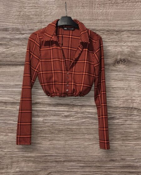 Zara Burgandy & Burnt Orange Crop Top Textured Petite Button Close Size S