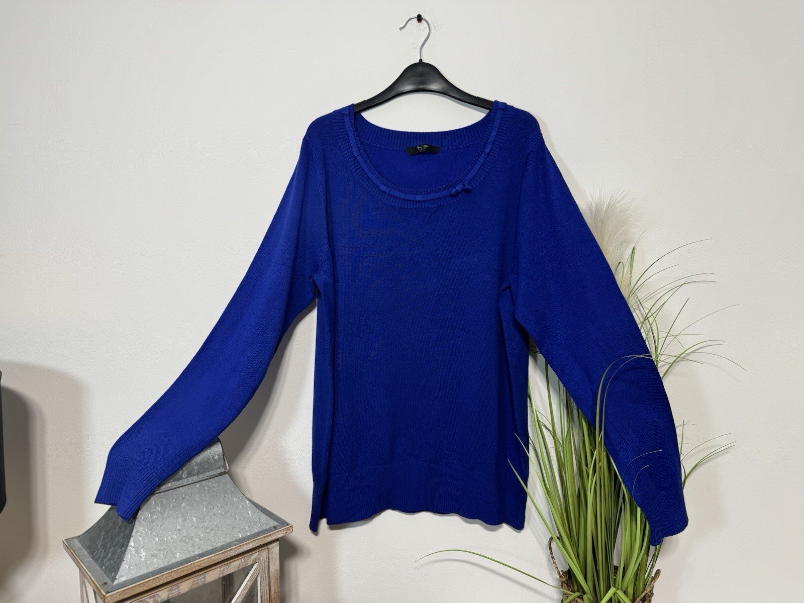 BHS Azure Blue Scoop Neck Tight Knit Bow Neck Detail Size 20