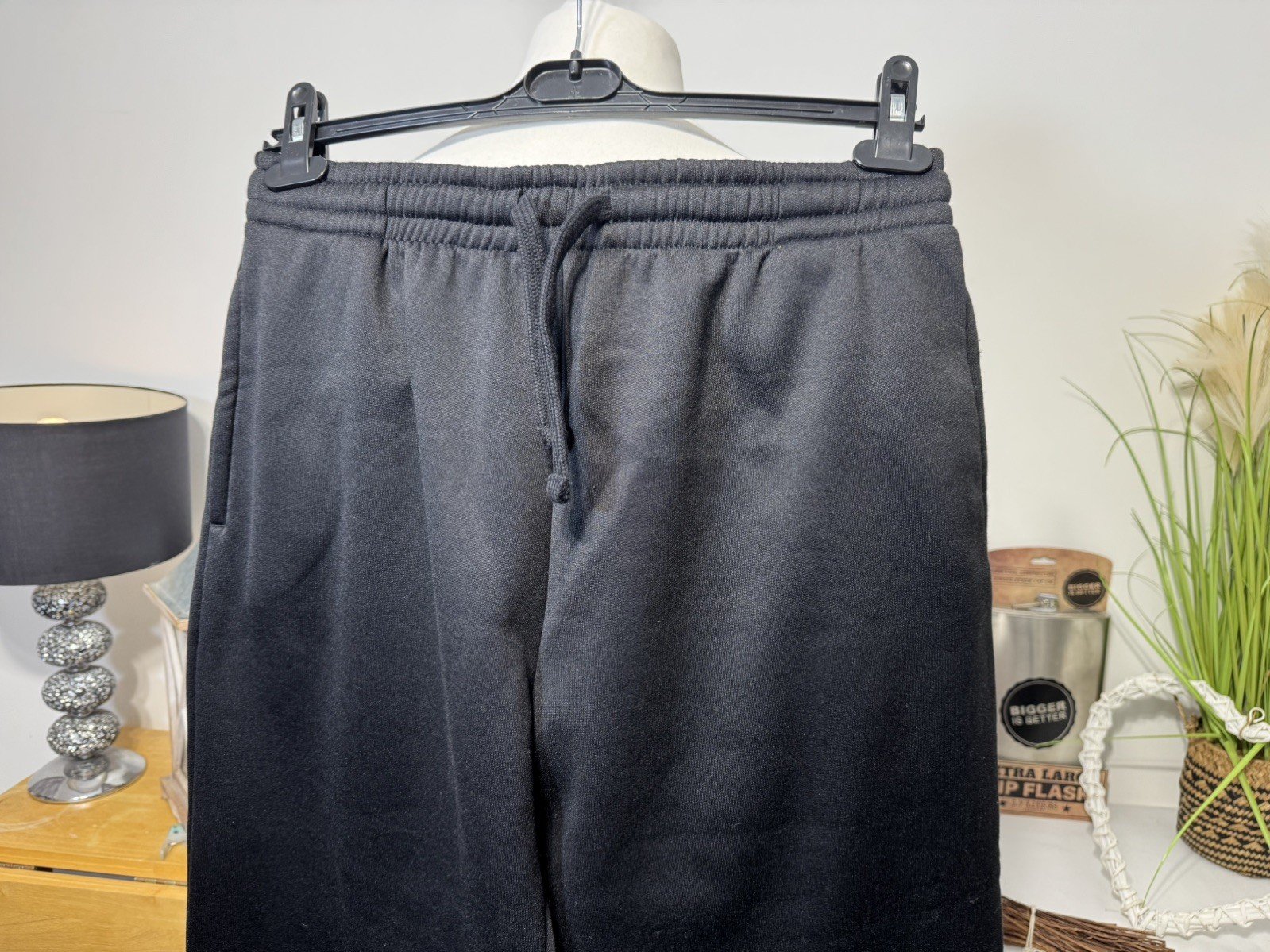 Black Fleece Lined Joggers Elasticated Waist & Cuffs Drawstring Size L