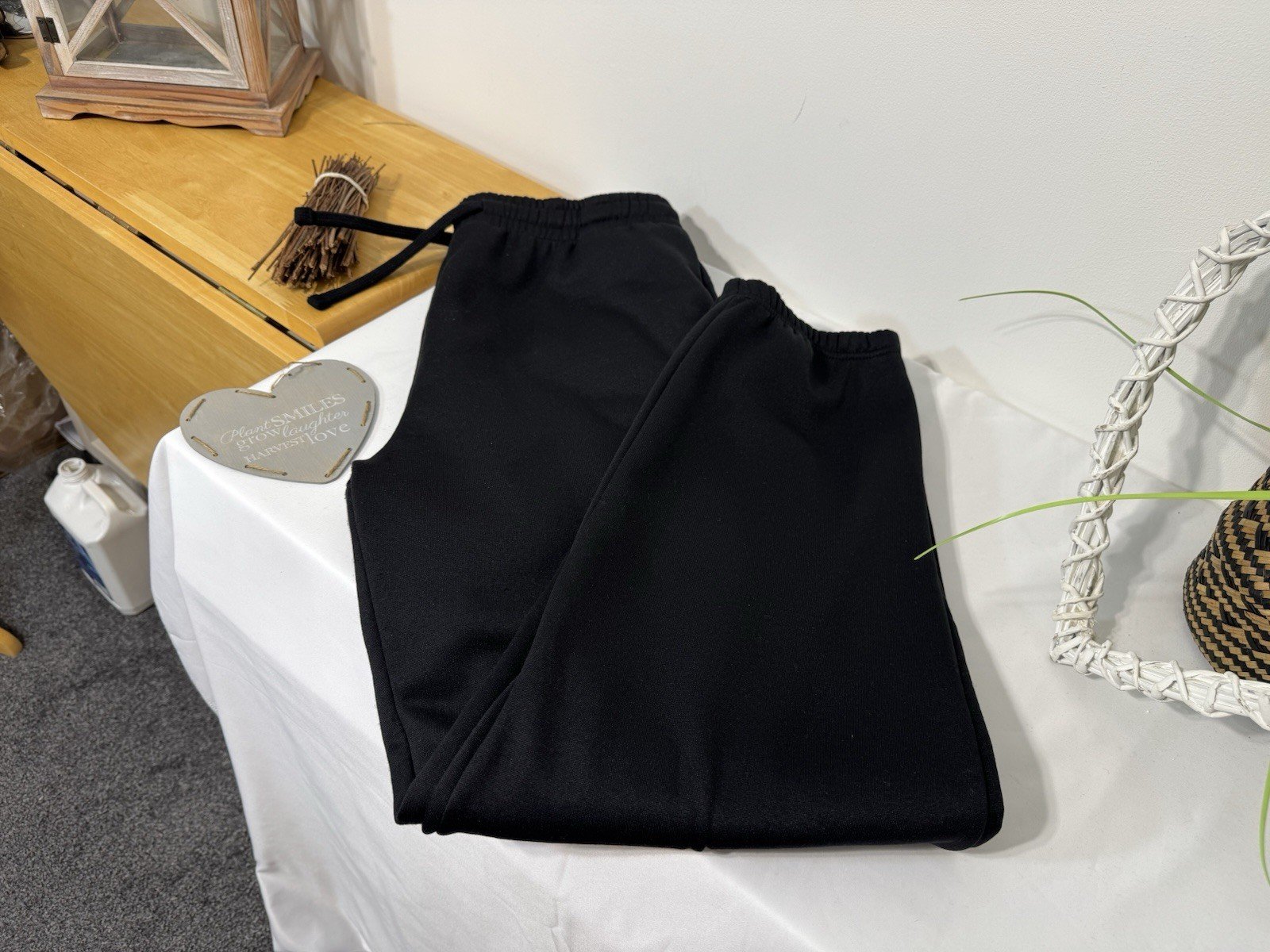 Black Fleece Lined Joggers Elasticated Waist & Cuffs Drawstring Size L