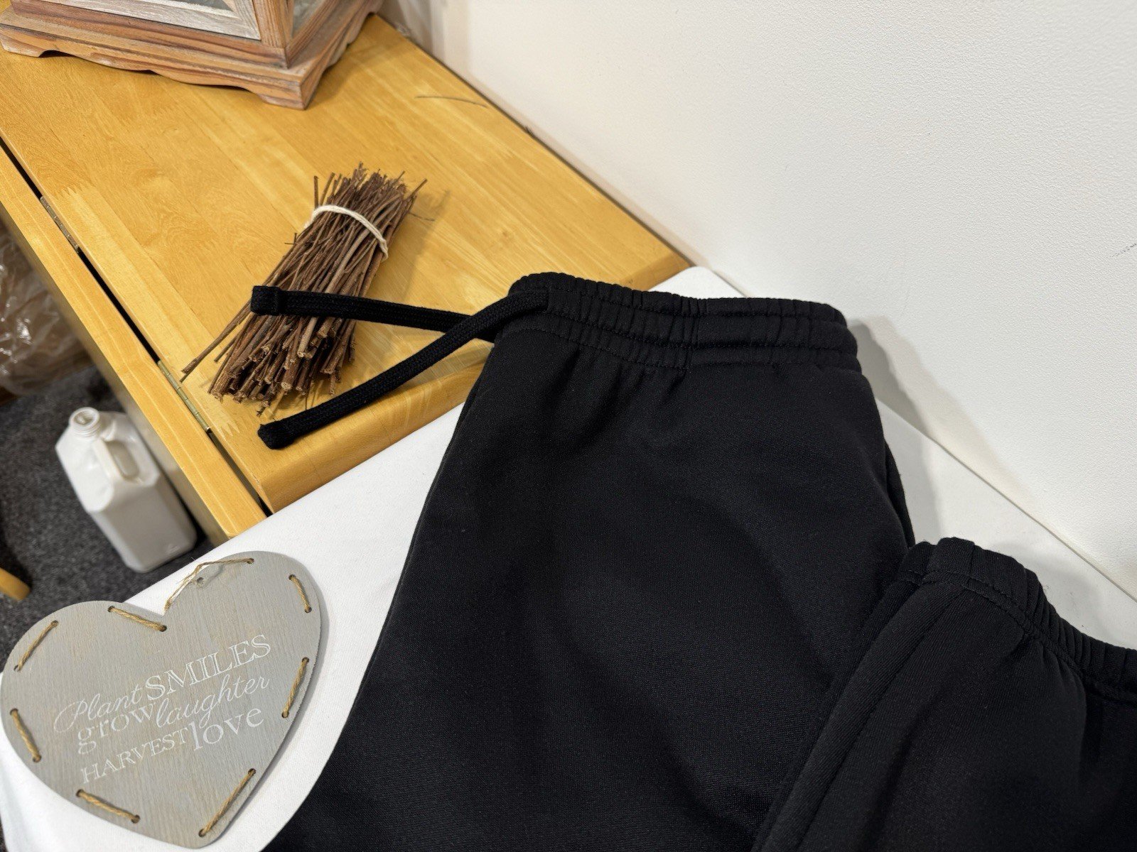 Black Fleece Lined Joggers Elasticated Waist & Cuffs Drawstring Size L