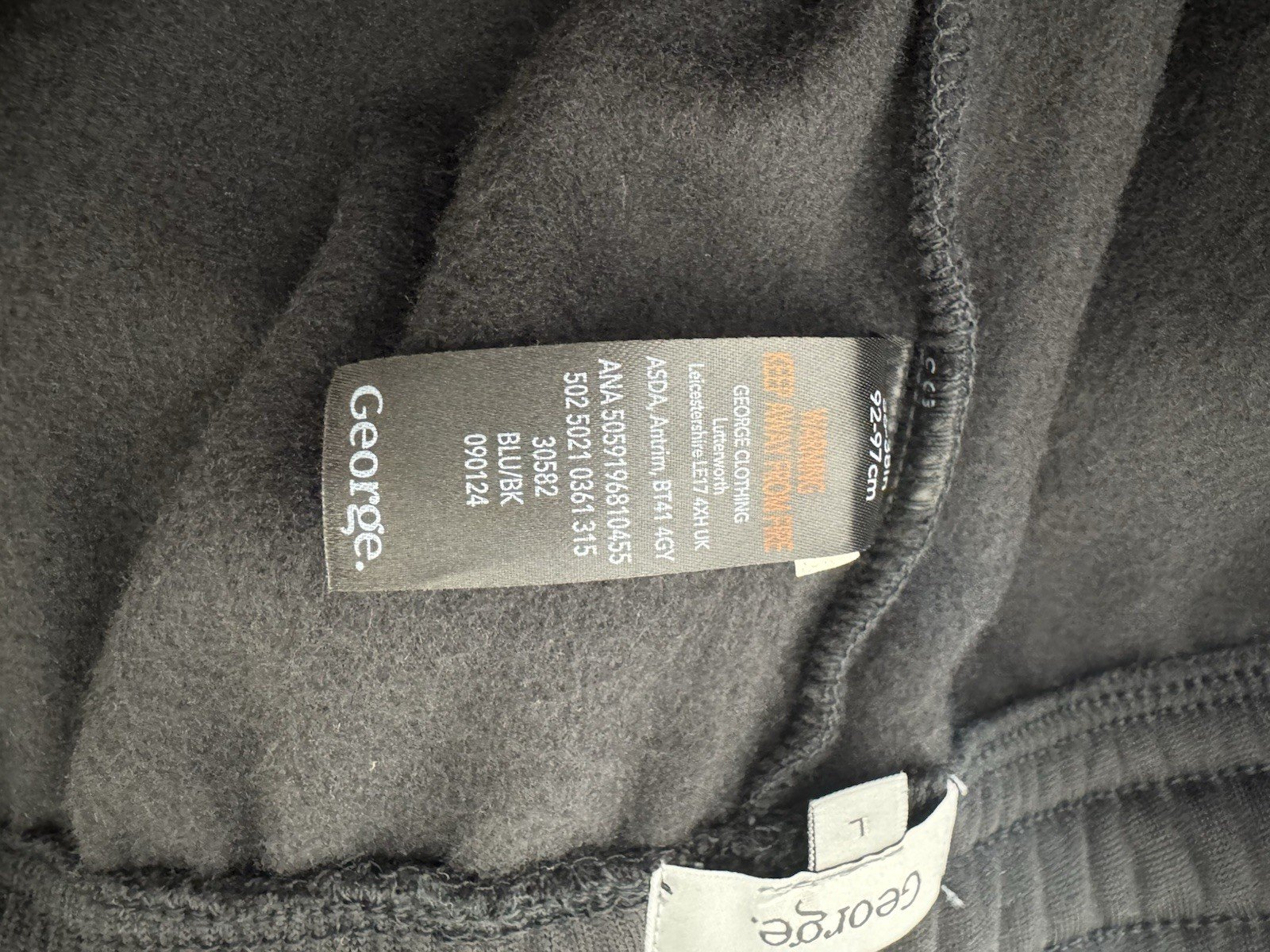 Black Fleece Lined Joggers Elasticated Waist & Cuffs Drawstring Size L