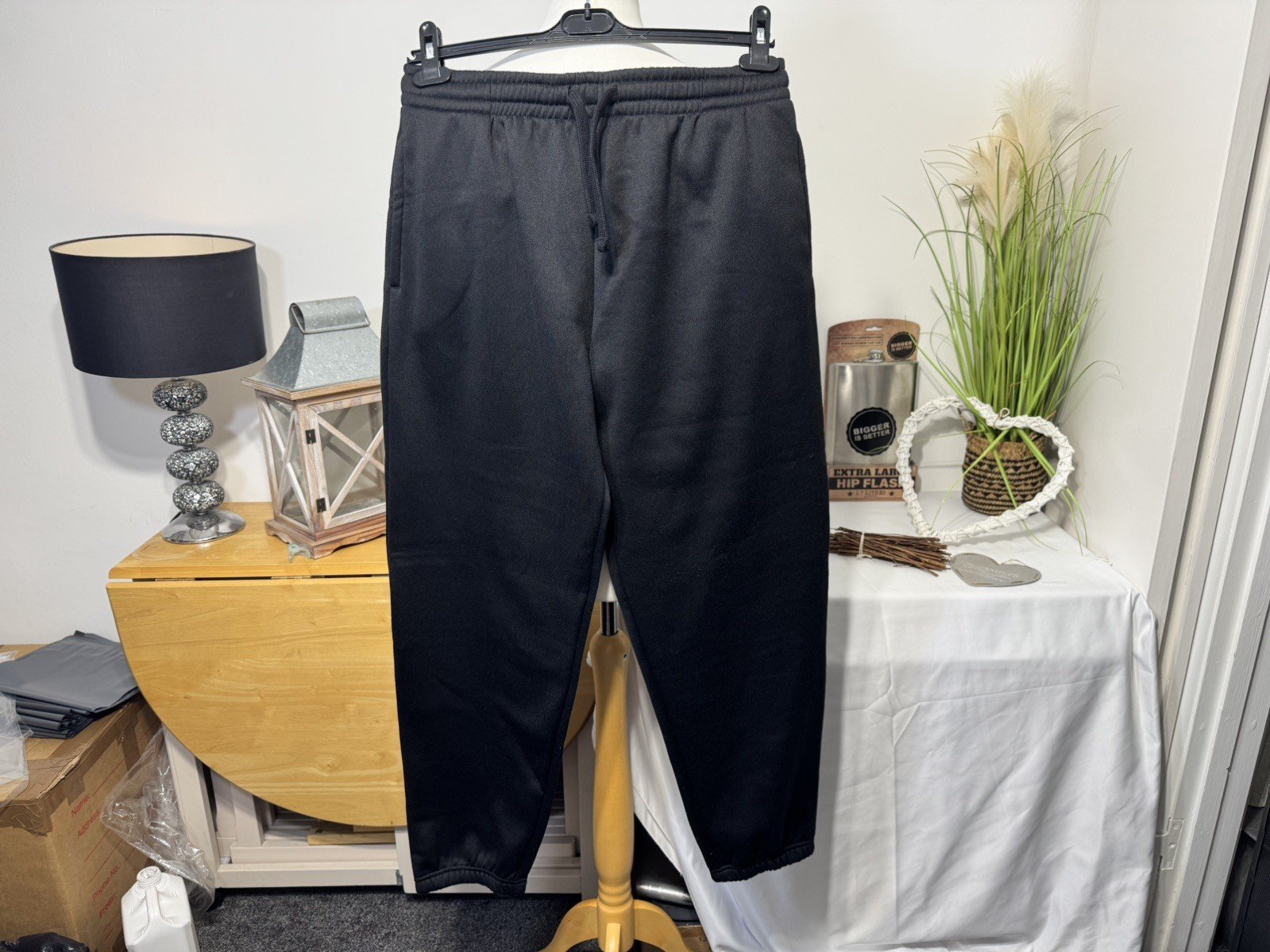 Black Fleece Lined Joggers Elasticated Waist & Cuffs Drawstring Size L