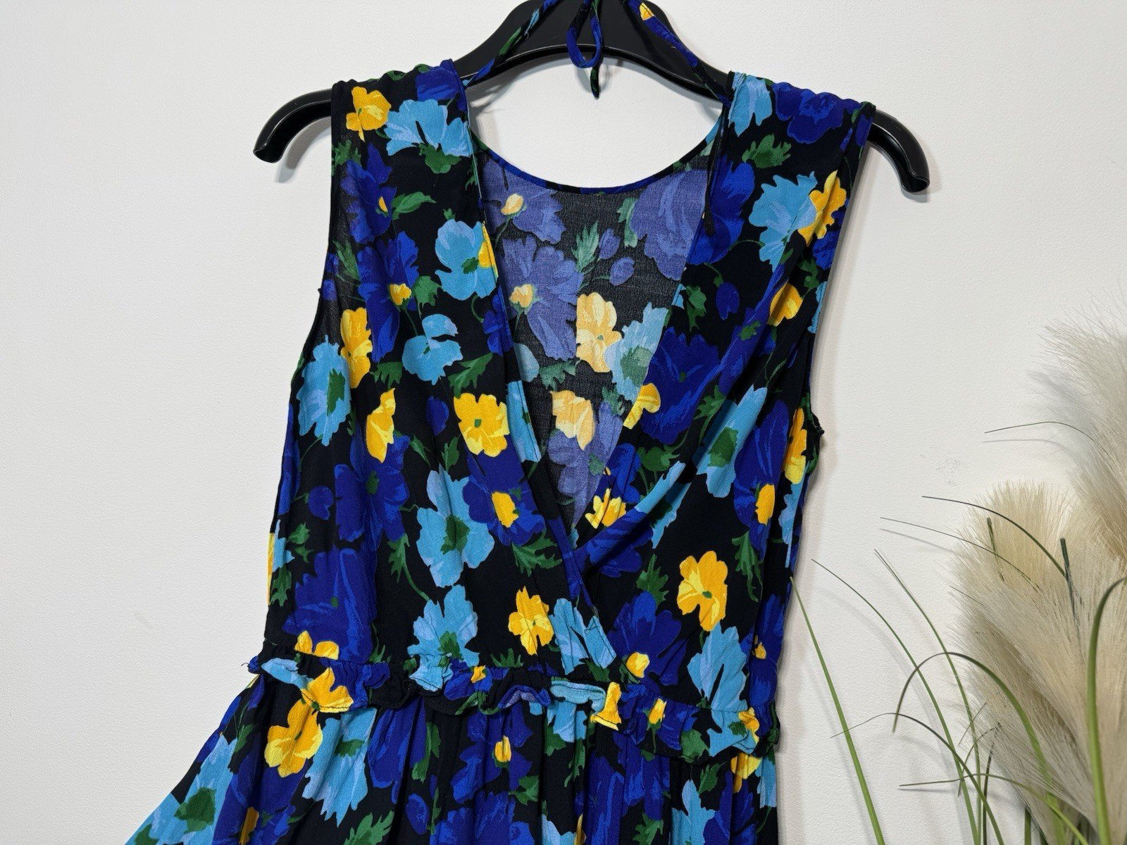 Blue Floral Dress Frill Waist V Back Size S