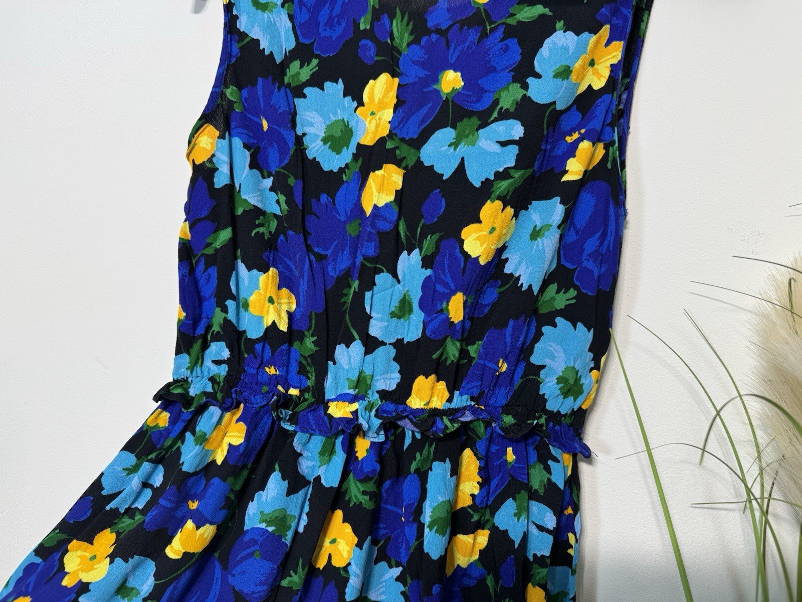 Blue Floral Dress Frill Waist V Back Size S