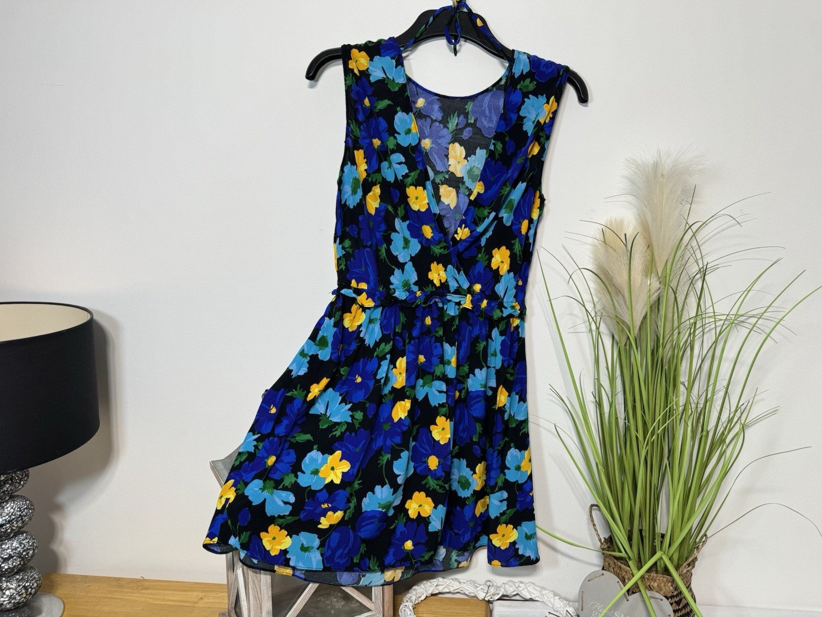 Blue Floral Dress Frill Waist V Back Size S
