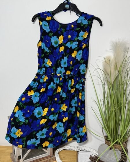 Blue Floral Dress Frill Waist V Back Size S