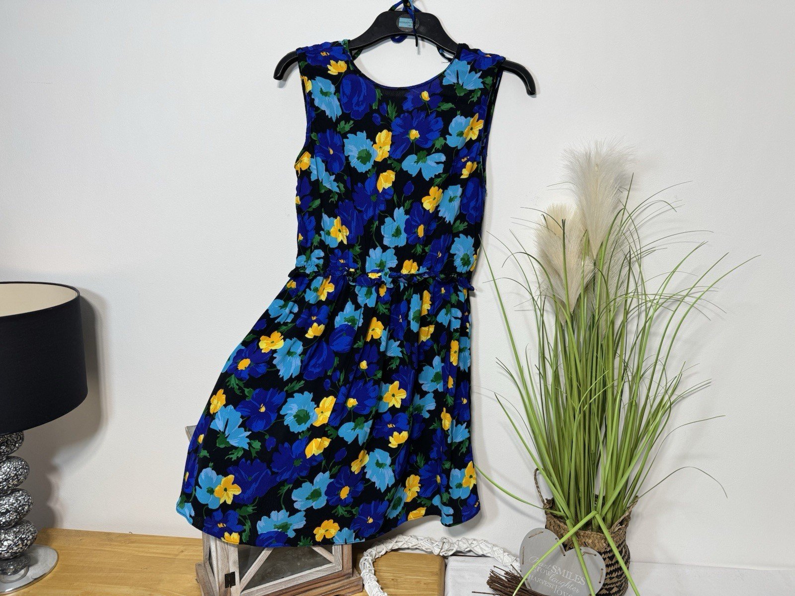 Blue Floral Dress Frill Waist V Back Size S