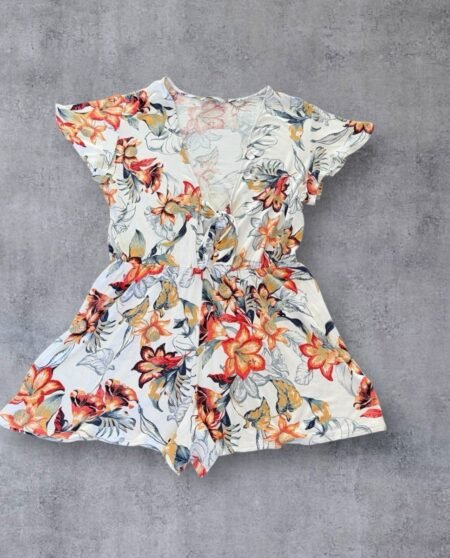 Cream Floral Stretch Play suit Flutter Sleeve V Front Tie Elasticated Waist M