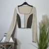 Cream Ribbed Long Sleeve Square Neck Crop Top Size 8-10