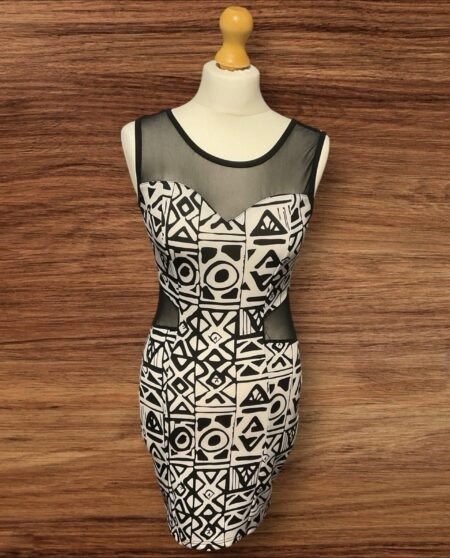 FBsister Black/White Geometric Pattern Knee Length Dress Net Yolk/middle Size S