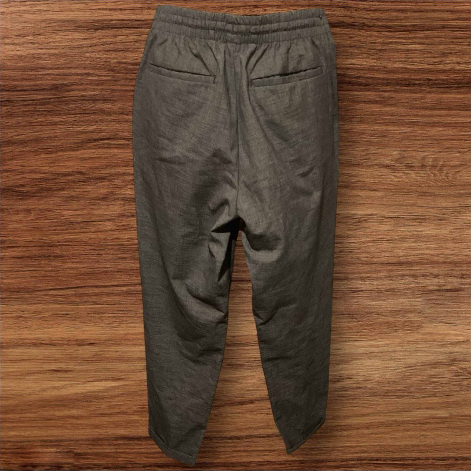 Grey Woven Trousers Elastic/drawstring Waist Front/rear Pockets Turnups Size 30