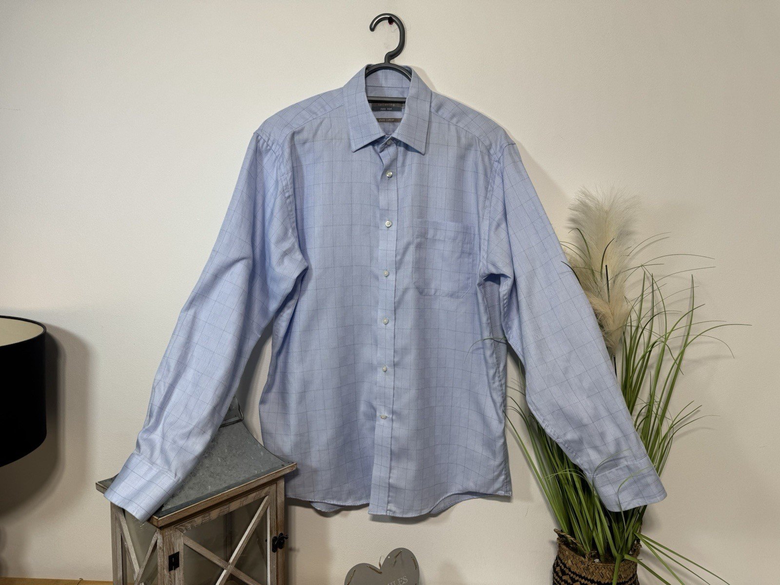 M&S Baby Blue Check Brush Cotton Easy Iron Long Sleeve Shirt Neck 15.5